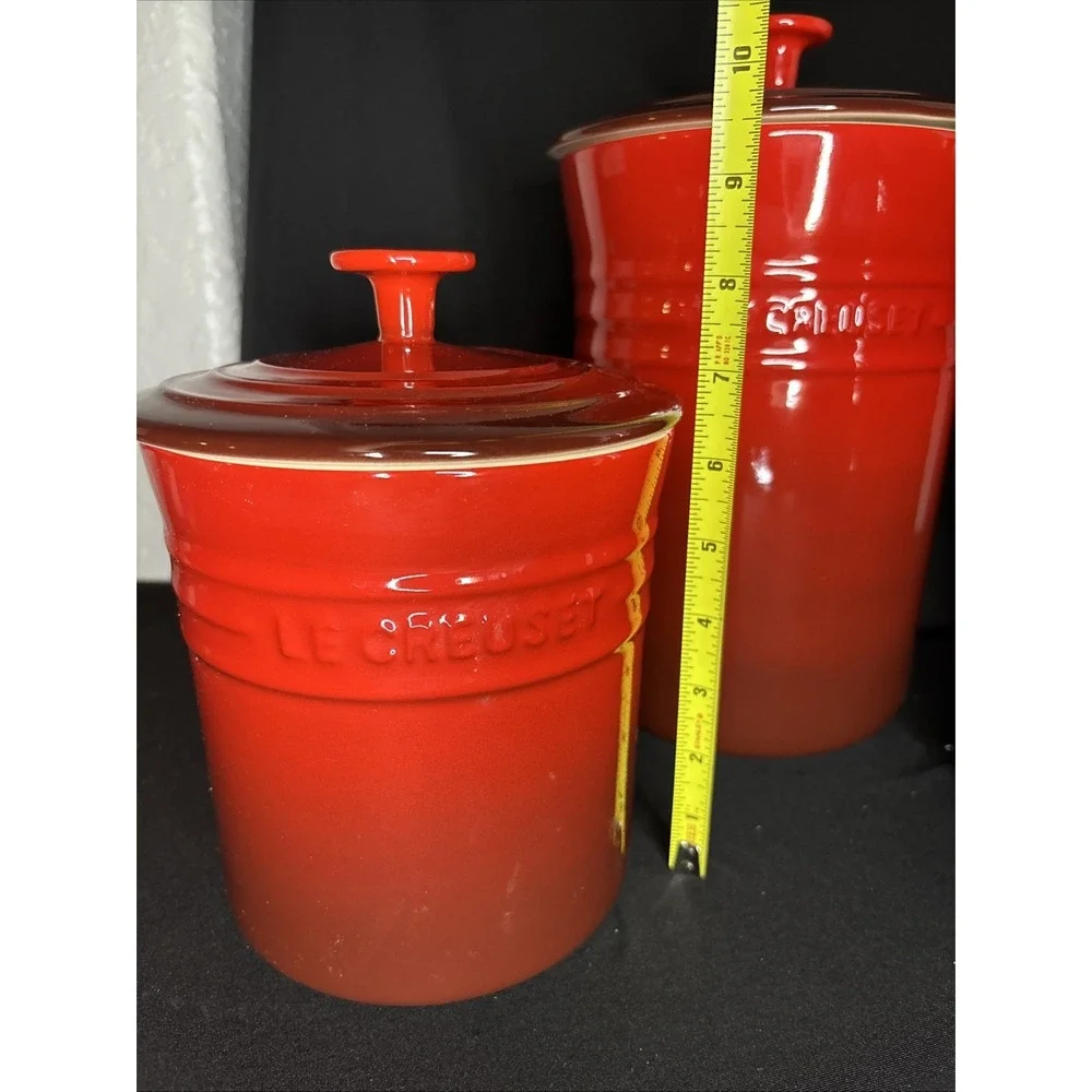 Le Creuset CERISE Red Stoneware 3-Canister Storage Jar Set with Lids #1029 - Picture 7 of 13